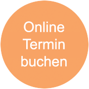 Ein orangefarbener Kreis mit weißer Schrift in der Mitte, die online Terminbuchung lautet und darauf hinweißt, dass online Terminbuchungen möglich sind